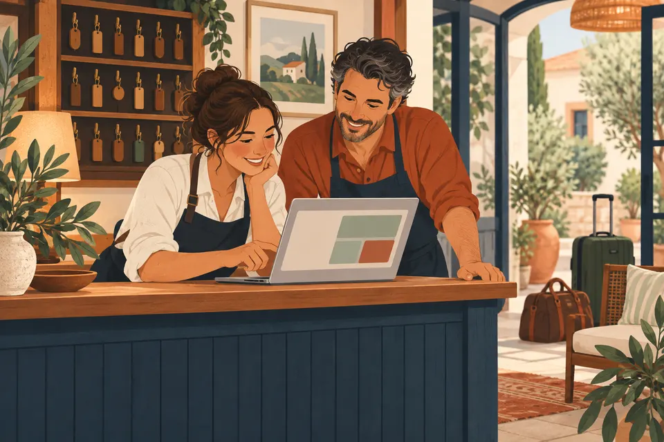 Illustration of a guesthouse team reviewing reservations at reception.